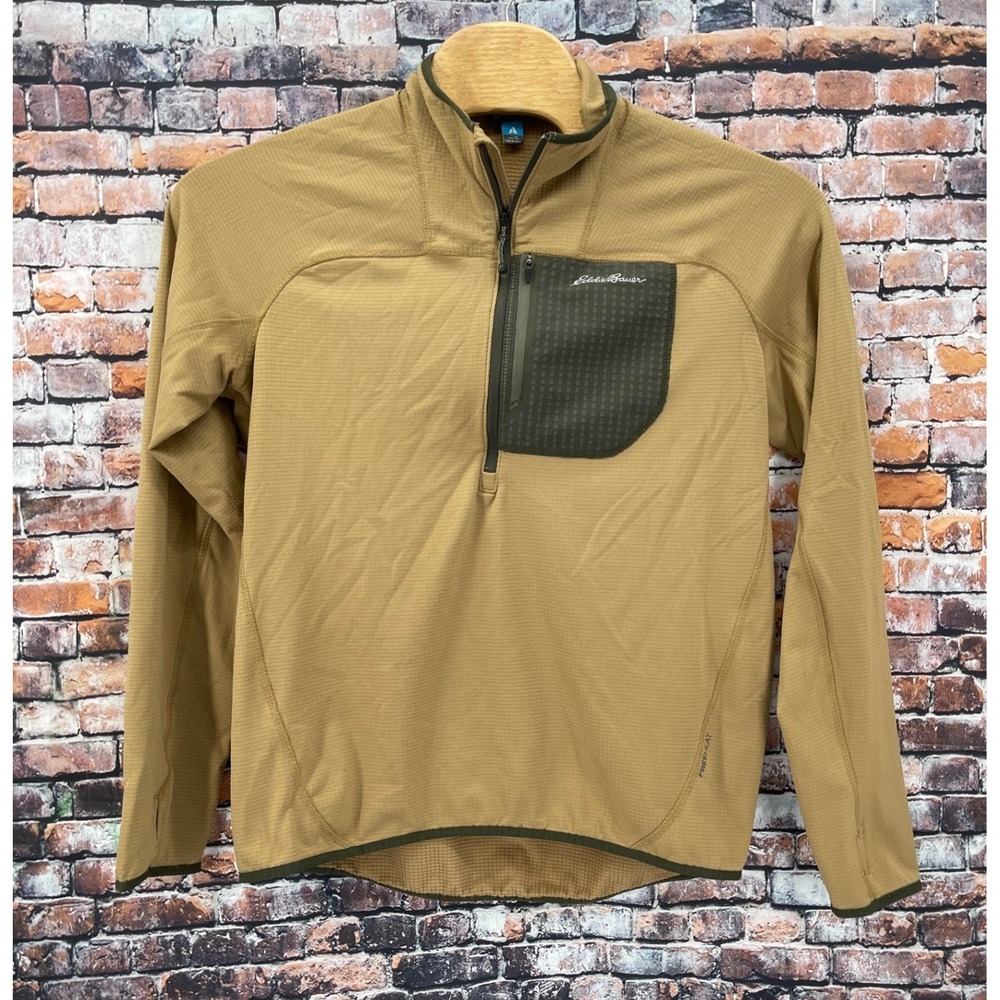 Eddie Bauer First Ascent Men TL Tan Grid Fleece Quarter Zip Pullover Thumbholes